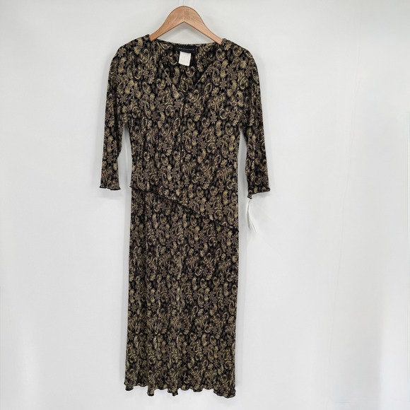 connected apparel Dresses & Skirts - Connected Apparel Vtg Gold/Black Paisley Ribbed 3/4 Sleeve Dress Women's‎ Sz 8P